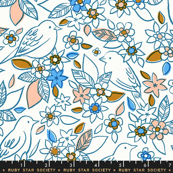 Aviary Botanical Chambray Blue Bird Floral Flower Birds Ruby Star Society C