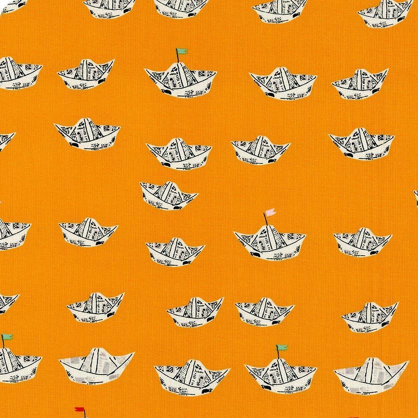 Heather Ross Far Far Away 2 Newspaper Boats in Orange Cotton Fabric