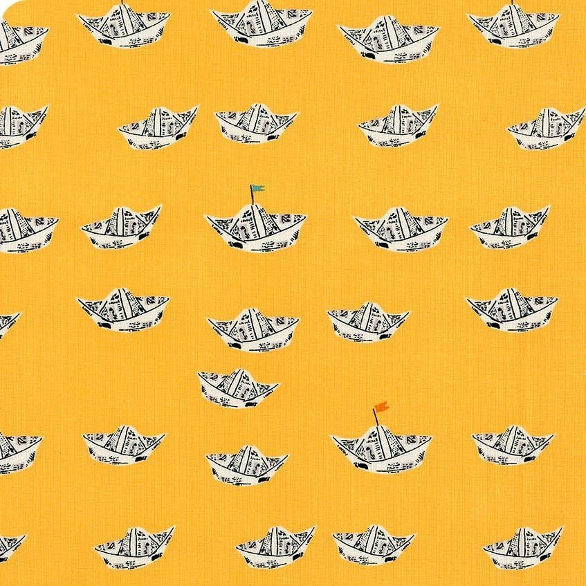 Heather Ross Far Far Away 2 Newspaper Boats in Yellow Cotton Fabric