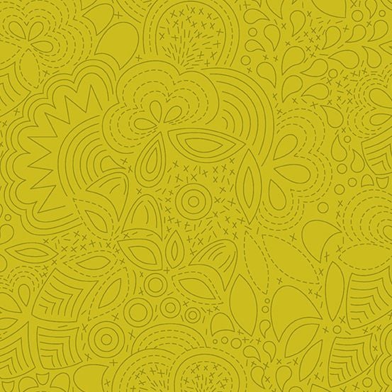 Sun Print 2020 Stitched Chartreuse Floral Geometric Alison Glass Cotton Fab