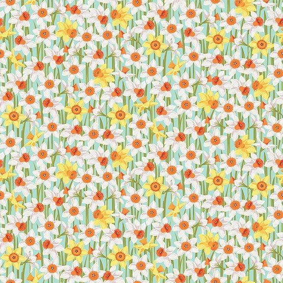 Spring Daffodils Turquoise Daffodil Flower Ditsy Floral Cotton Fabric by Ma