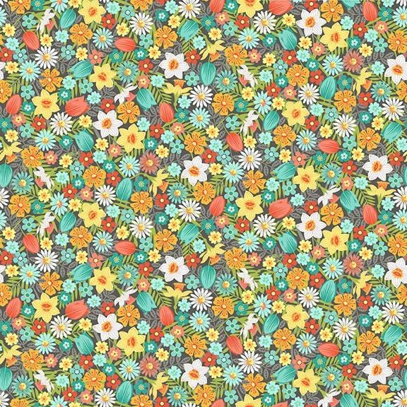 Spring Flowers Turquoise Daffodil Tulip Daisy Flower Ditsy Floral Cotton Fa