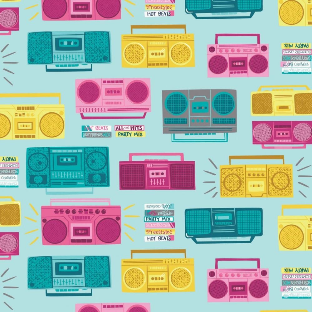 Retro Blast Boombox Aqua Cassette Tapes Music Mixtape Tape Deck Cotton Fabr