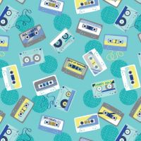 Retro Blast Cassettes Aqua Cassette Tapes Music Mixtape Tape Deck Cotton Fabric 