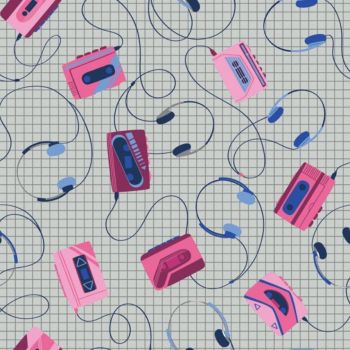 Retro Blast Headphones Grey Walkman Cassette Tapes Music Mixtape Tape Deck Cotton Fabric 