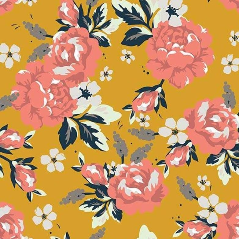 Golden Days Main Mustard Floral Rose Flowers Cotton Fabric