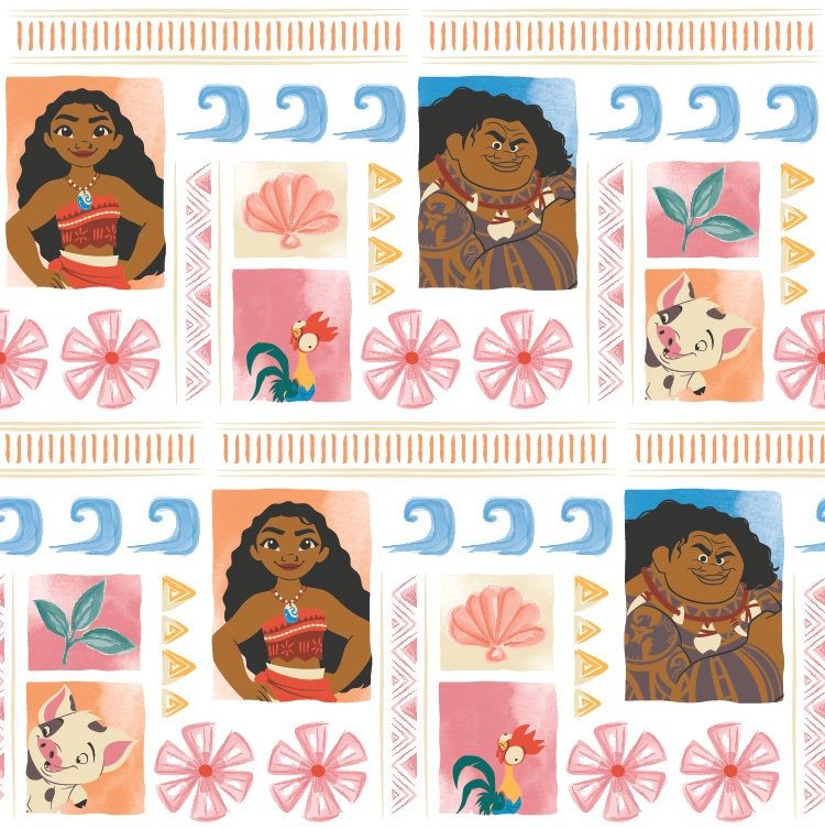 Disney Moana Maui Hei Hei Pua Polynesia Shell Wave Tropical Cotton Fabric