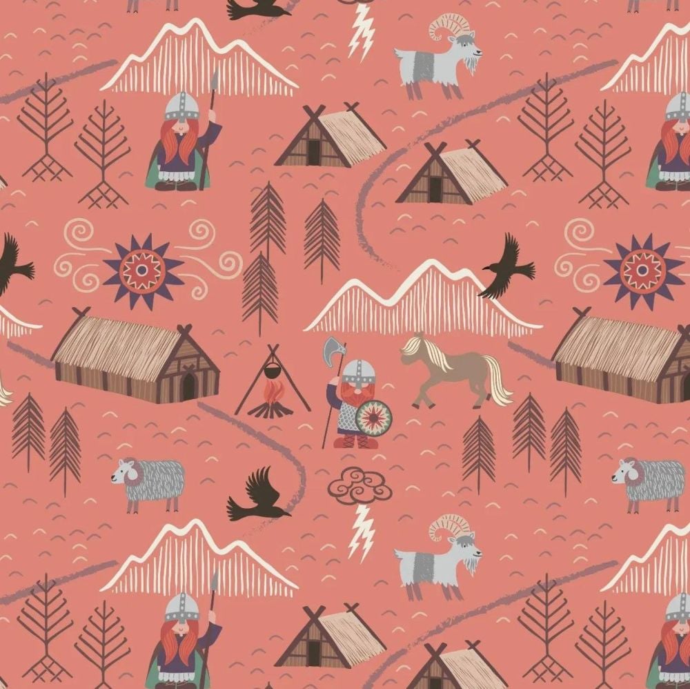 Viking Adventure Viking Village Vikings on Peach Nursery Cotton Fabric