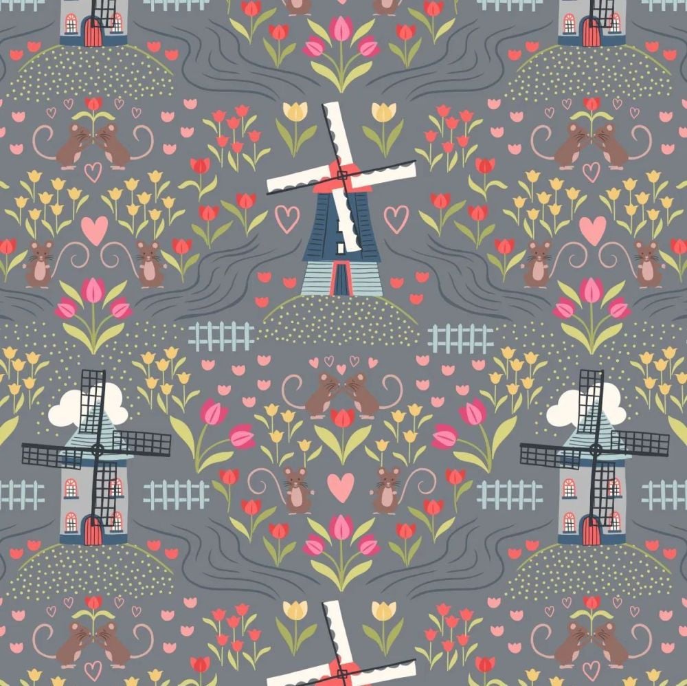 Tulip Fields Windmills on Light Slate Tulips Flowers Mice Cotton Fabric