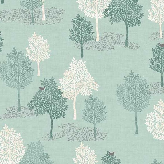 Woodland Trees Bird Forest Woodland Scene Turquoise Scenic Cotton Fabric