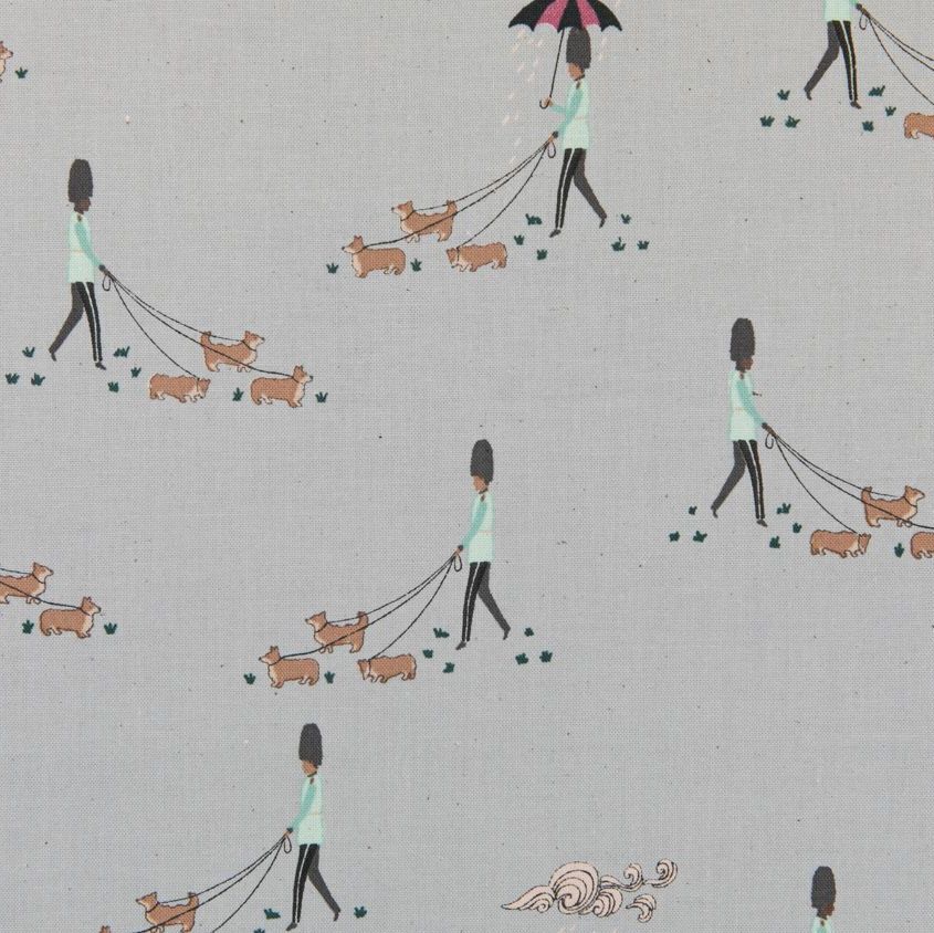 London Town Reign Reign Go Away Cloudy Soldiers Corgi Dogs Dog Walking Unbleached Cotton Fabric by Sara Mulvanny for Cotton + Steel