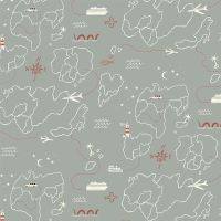 Figo Away We Go Map Grey Travel Adventure Wanderlust Globetrotter Maps Cotton Fabric