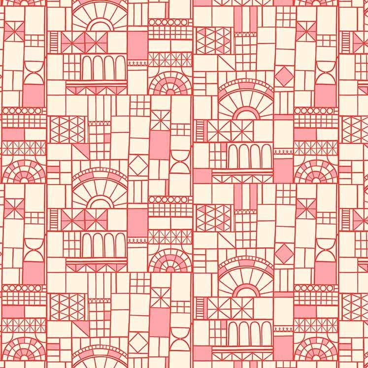 Figo Glasshouse Windows Red Geometric Cotton Fabric