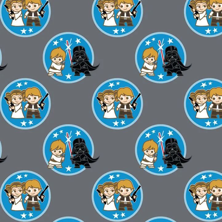 Star Wars Duos DELUXE Kawaii Characters Badges Luke Skywalker Darth Vader Han Solo Princess Leia Cotton Fabric per half metre