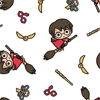 Harry Potter Kawaii Quidditch White Broomstick Golden Snitch Hogwarts Magical Wizard Witch Cotton Fabric per half metre