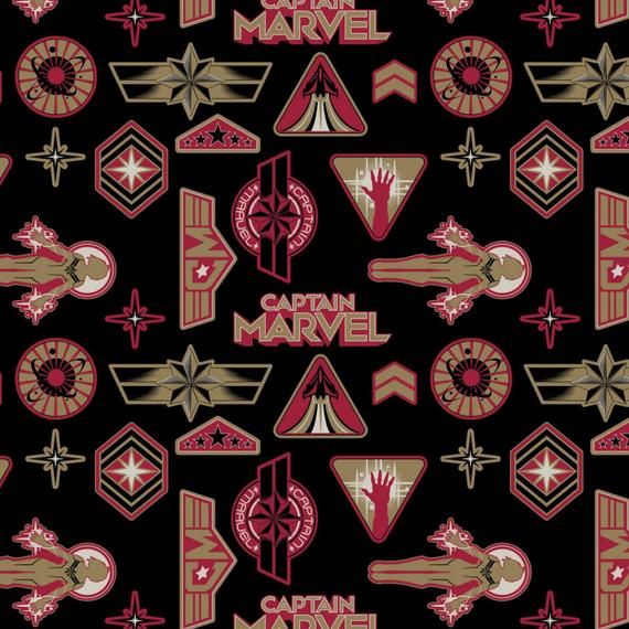 Marvel Captain Marvel Logo Toss Black Comic Movie Superhero Comic Books Heroes Cotton Fabric per half metre
