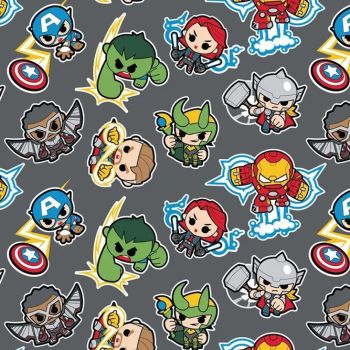 Marvel Avengers Superhero Kawaii Superheroes DELUXE Grey Character Cotton Fabric per half metre