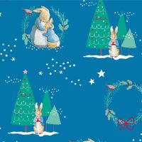 Peter Rabbit Christmas Hugs Winter Christmas Trees Wreath Festive Gifts Mid Blue Cotton Fabric per half metre