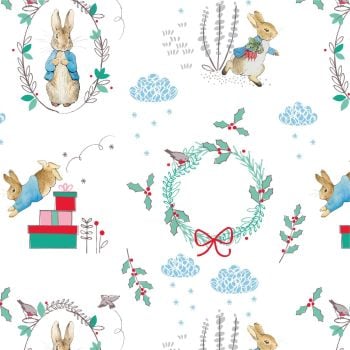 Peter Rabbit Christmas Wreath Winter Christmas Trees Wreath Festive Gifts White Cotton Fabric per half metre