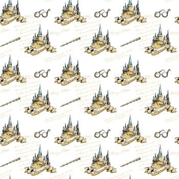 Harry Potter Hogwarts School for Witchcraft and Wizardry Castle Elder Wand Glasses White Soft Wash Magical Wizard Witch Cotton Fabric per half metre