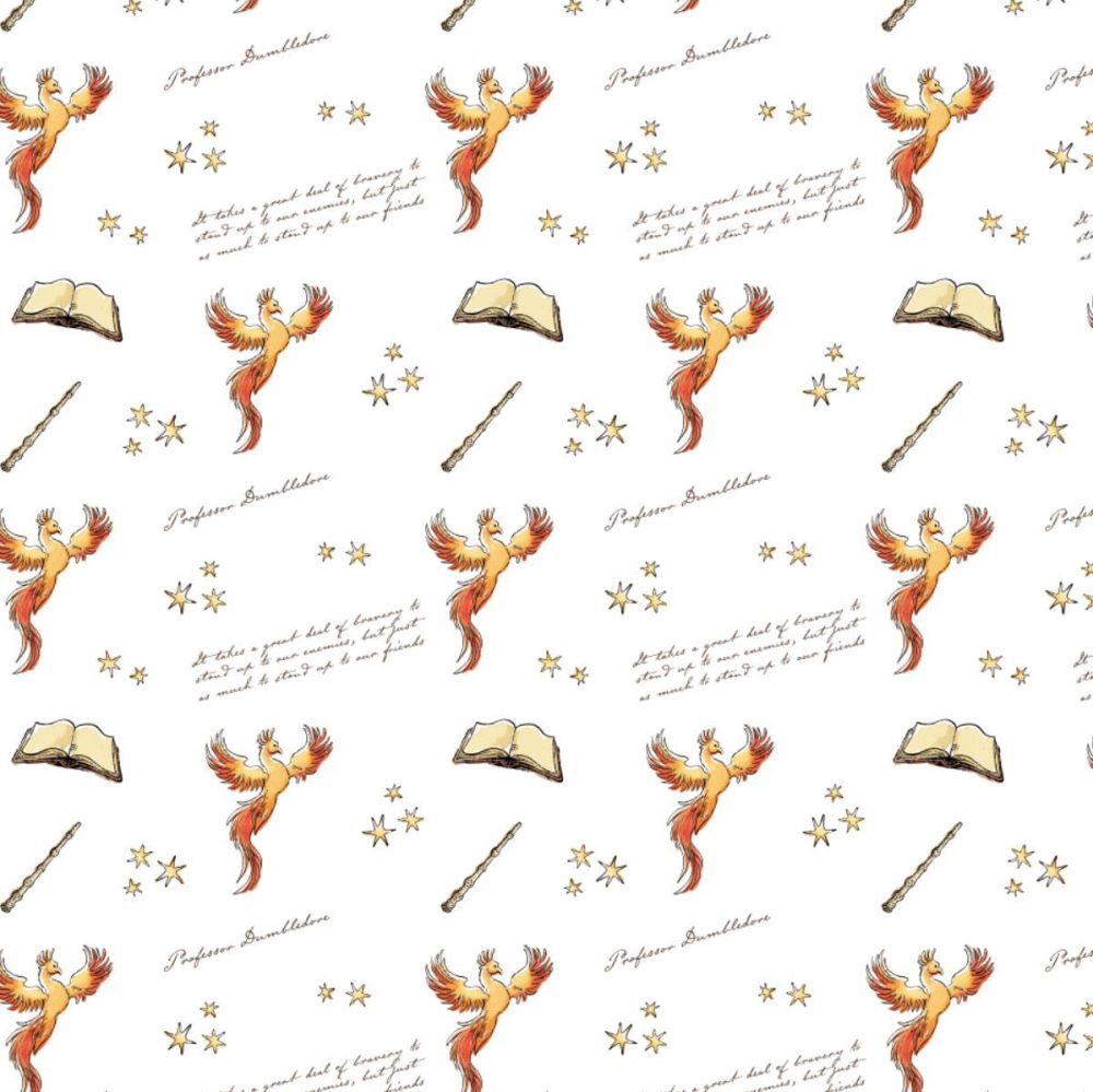 Harry Potter Dumbledore Fawkes Phoenix Books Elder Wand White Soft Wash Magical Wizard Witch Cotton Fabric per half metre