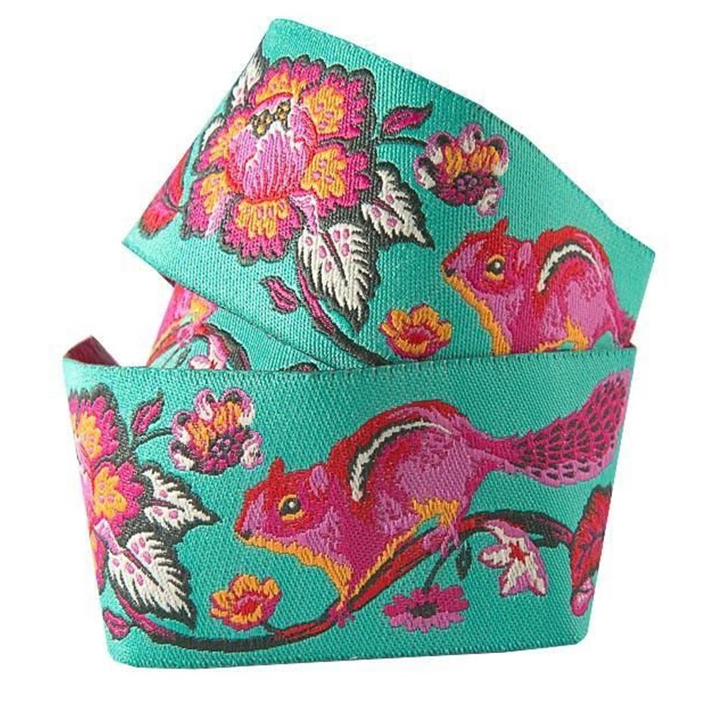 RARE Tula Pink Chipper Chipmunk Turquoise Ribbon by Renaissance Ribbons per