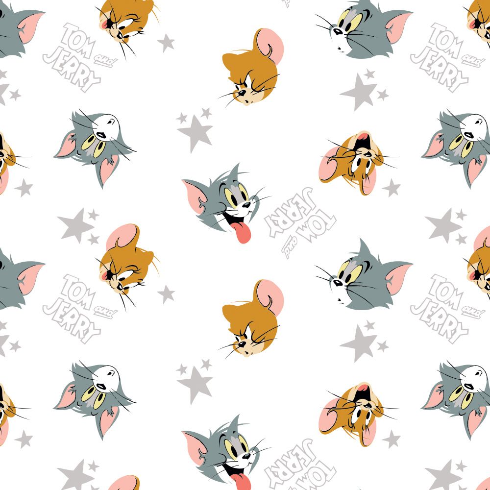 Tom and Jerry Heads and Stars White Cat Mouse Hannah-Barbera Classic Cartoon Cotton Fabric per half metre