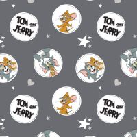 Tom and Jerry Circles and Stars Grey Badge Cat Mouse Hannah-Barbera Classic Cartoon Cotton Fabric per half metre