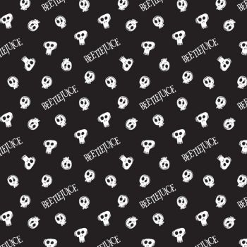Beetlejuice Tossed Skulls Black Logo Tim Burton Movie Skull Michael Keaton Halloween Cotton Fabric