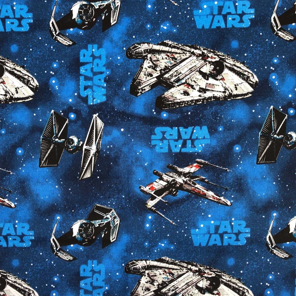 Star Wars Immortals Ships Blue Millienium Falcon TIE Fighter Space Battle Cotton Fabric per half metre