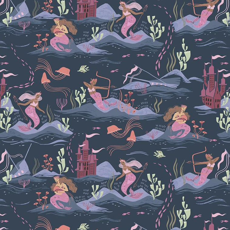 Sea Spell Scenic Mermaids in Blueberry Mermaid Rae Ritchie Dear Stella Cott