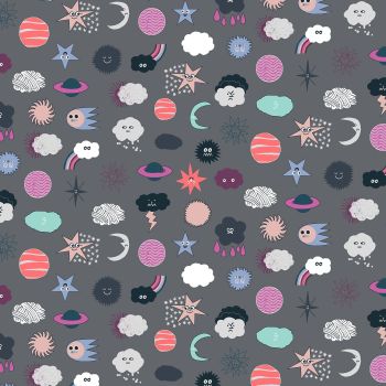 Across The Universe Stars and Clouds Dark Gray Planets Star Cotton + Steel Cotton Fabric
