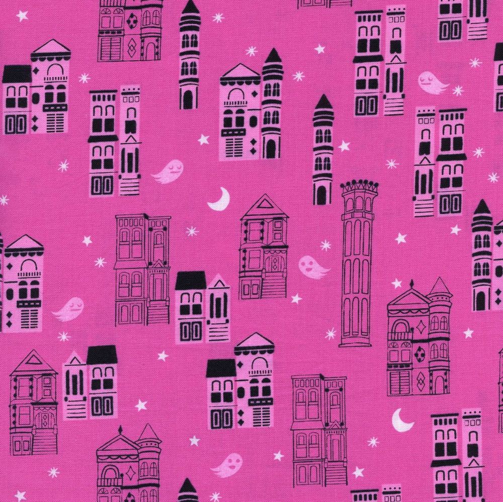 Rare OOP Eclipse Haunted City Pink Ghost Architecture Halloween Cotton + St