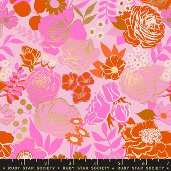 Rise Grow Peony Floral Metallic Gold Flowers Botanical Ruby Star Society Melody Miller Cotton Fabric