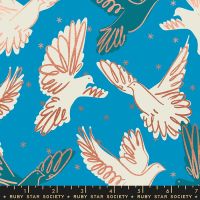 Rise Fly Bright Blue Bird Metallic Gold Doves Ruby Star Society Melody Miller Cotton Fabric