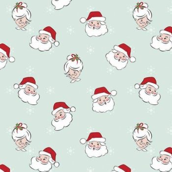 Santa Claus Lane Main Mint Father Christmas Mrs Claus Heads Christmas Festive Holiday Winter Cotton Fabric