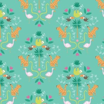 Under The Canopy Main Green Toucan Sloth Flamingo Leopard Jungle Animal Citrus and Mint Cotton Fabric
