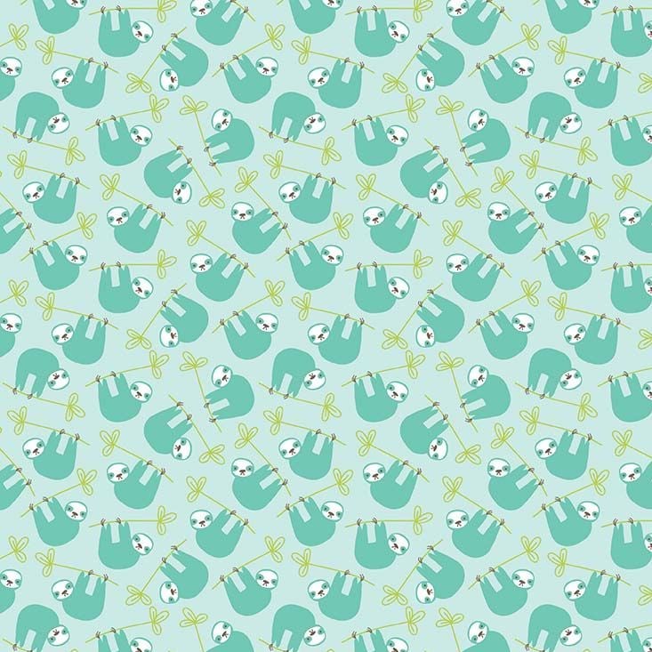 Under The Canopy Sloths Blue Hanging Sloth Citrus and Mint Cotton Fabric