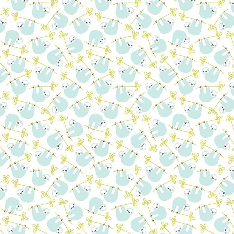 Under The Canopy Sloths White Hanging Sloth Citrus and Mint Cotton Fabric