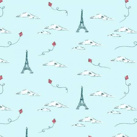 Parisienne Eiffel Tower Horizon Paris Kites Travel French City Landmark Sky Clouds Europe Dear Stella Cotton Fabric