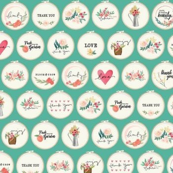 Flower Market Hoops Mint Teal Tiny Embroidery Hoops Text Ditsy Floral Flowers Riley Blake Designs Cotton Fabric