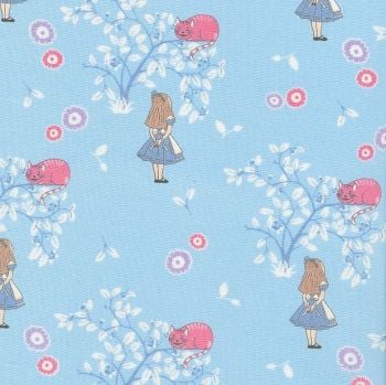 V & A Alice in Wonderland Cheshire Cat Blue Lewis Carroll Character Cotton Fabric per half metre
