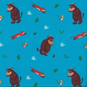 The Gruffalo Fox and Mouse Blue Julia Donaldson Nursery Cotton Fabric per half metre