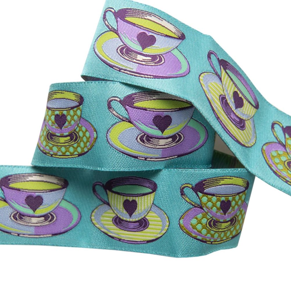 Tula Pink Curiouser and Curiouser Tea Time Blue Wide Renaissance Ribbons per yard
