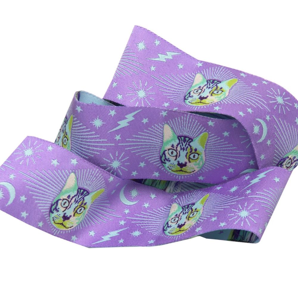 Tula Pink Curiouser and Curiouser Cheshire Cat on Purple Wide Renaissance Ribbons per yard