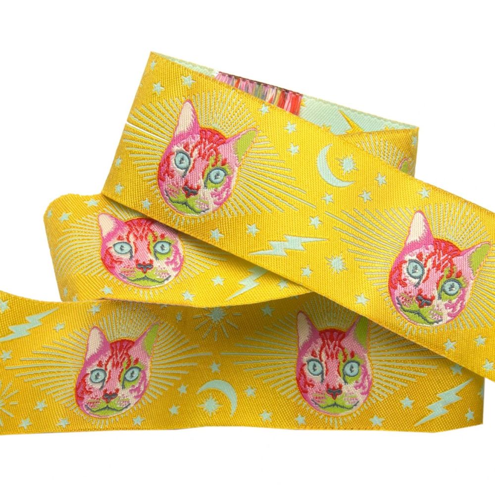 Tula Pink Curiouser and Curiouser Cheshire Cat on Yellow Wide Renaissance Ribbons per yard