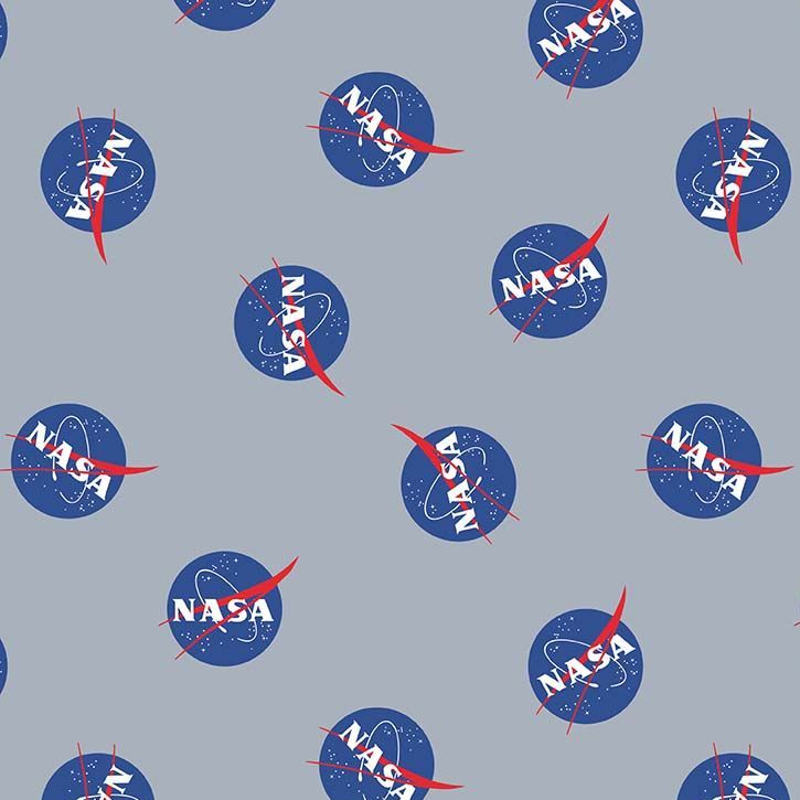 Out of this World with NASA Main Gray Logo Space Stars Astronaut Cotton Fabric per half metre