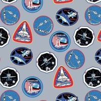 Out of this World with NASA Patches Gray Logo Space Shuttle Apollo Cotton Fabric per half metre