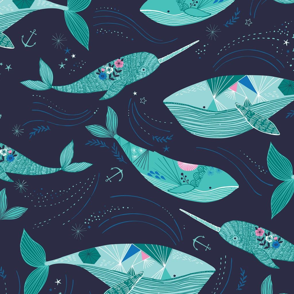 Into The Blue Whales Dashwood Bethan Janine Whale Narwhal Cotton Fabric