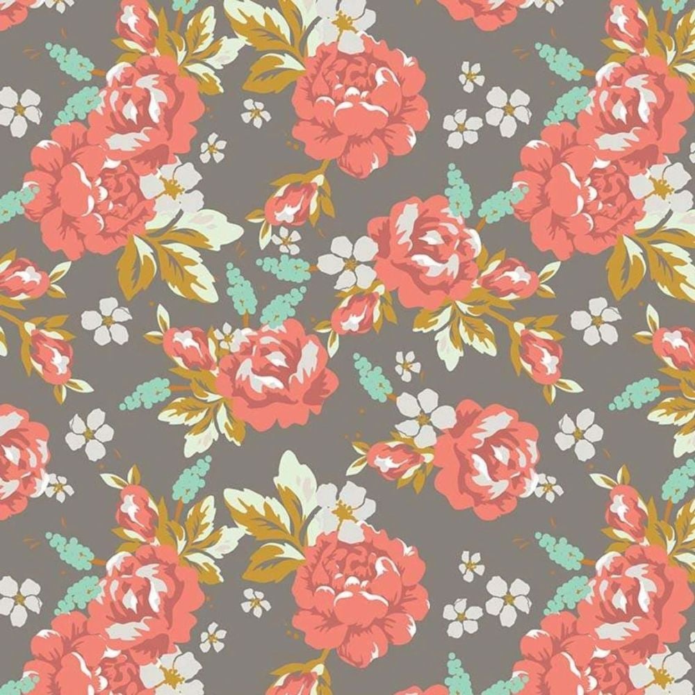 DESTASH 2.4m Golden Days Main Taupe Floral Rose Flowers Cotton Fabric